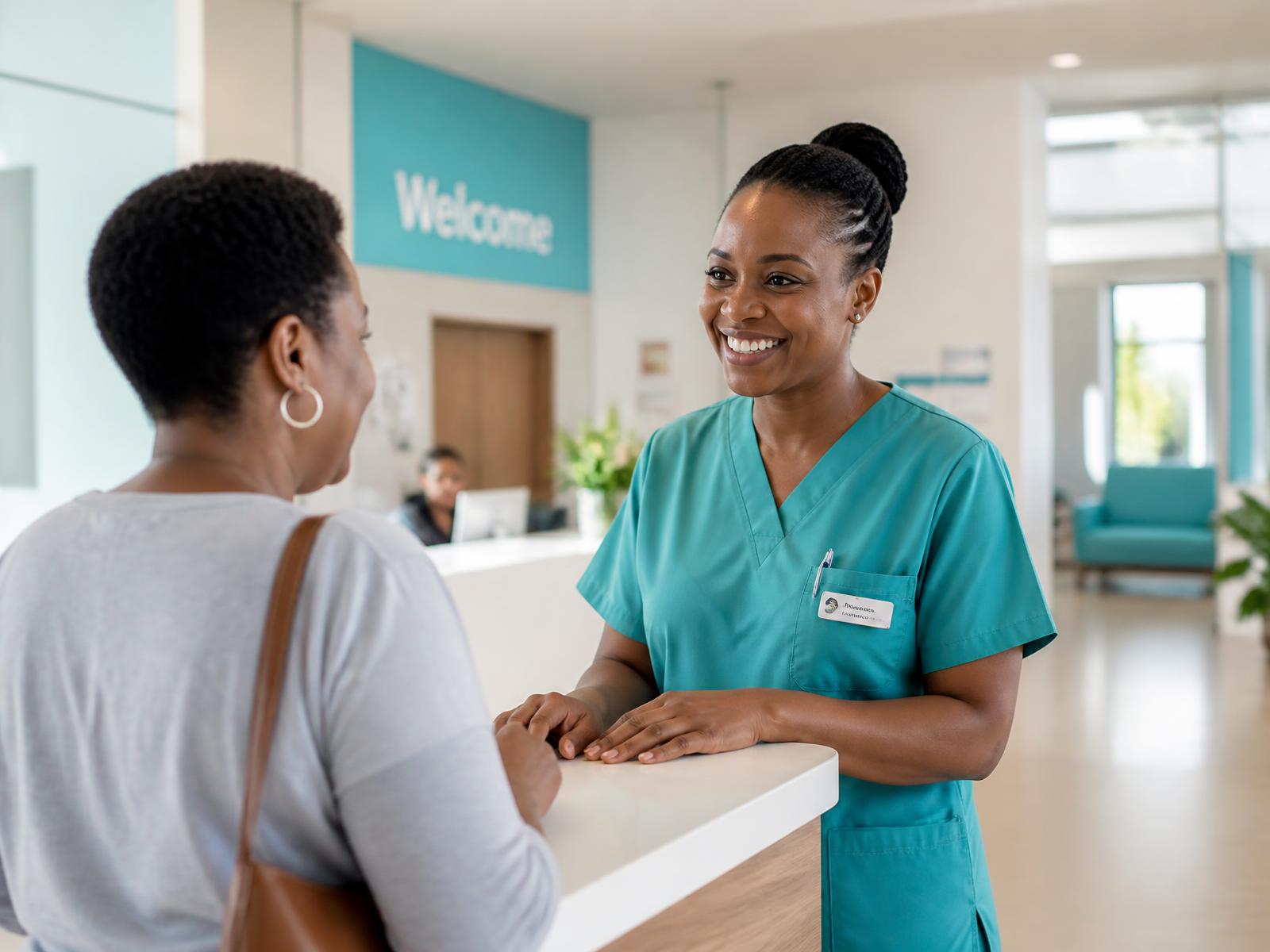 A Joscure nurse welcoming a patient at the hospital reception desk